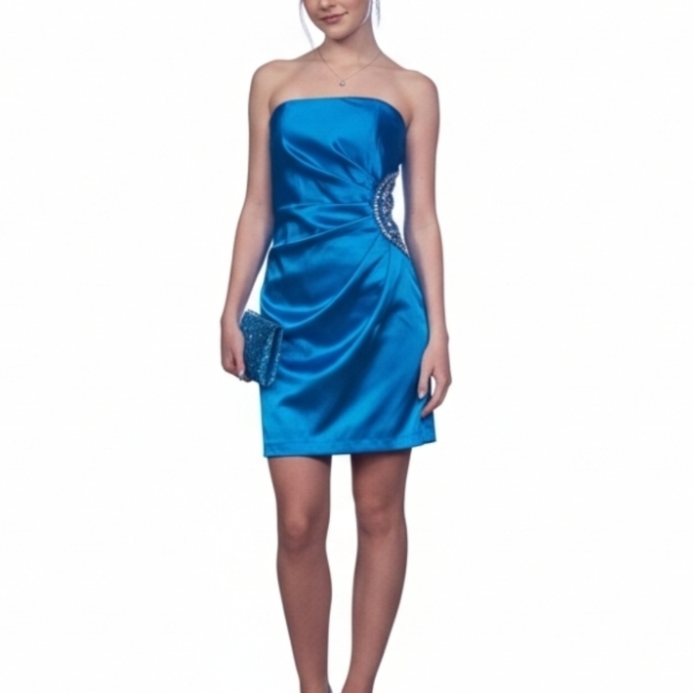 Y2K BCX Party Dress Size 1 Strapless Satin Teal Blue Gem‎ Mini Vintage NWT